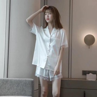 【Hao鉆居家時尚賣場】冰絲睡衣女夏季短袖性感韓版ins可愛蕾絲家居服兩件套裝網紅爆款