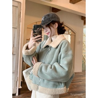 韓係蜜語 韓係高階感淺藍色翻領短款羊羔毛外套女2025秋冬皮毛一體夾克上衣