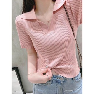 婷婷辣妹女裝店⭐ 臺灣出貨 【店鋪熱銷】韓係Polo領冰絲薄款坑條針織短袖T恤女夏季顯瘦套頭翻領正肩上衣