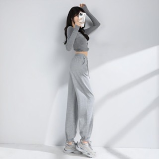桃園發貨可開票【巨顯瘦】全棉加長休閒薄褲女夏季款高腰顯瘦高個子學生韓版寬鬆束腳運動褲