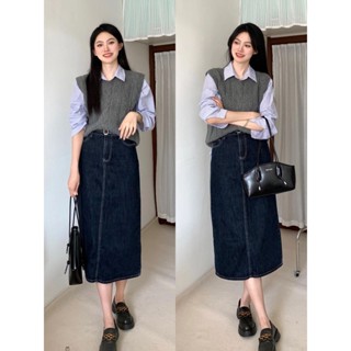Tianx✨三件套裝春秋法式複古風針織毛衣馬甲背心條紋襯衫女牛仔半身裙子