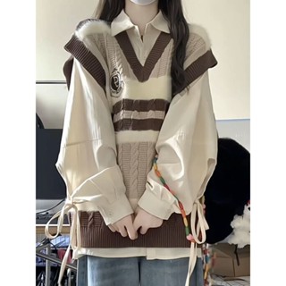 Tianx✨兩件套裝/春秋季新款日係甜美學院風撞色v領針織馬甲背心女長襯衫