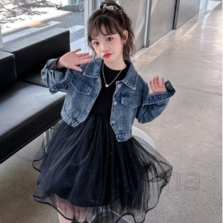 【免運24-H】新年裝女童春秋套裝2025新款韓版洋氣黑色洋裝兒童春裝牛仔外套兩件套