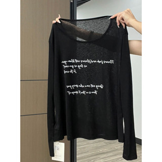 🟠ViVi SHOP🟠 黑色薄款微透防曬罩衫長袖T恤女夏百搭字母印花寬鬆打底上衣