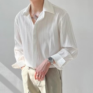 質感上衣韓版寬鬆休閒長袖襯衫 男士潮流帥氣條紋免燙襯衣秋季