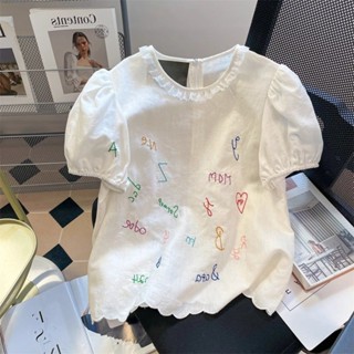【時光牋精品女裝】日係軟妹彩色刺繡蕾絲花邊襯衫女 夏季超好看泡泡袖娃娃小衫上衣女 上衣短袖女上衣重工刺綉女傳統複古上衣短