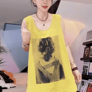 圓領無袖背心 上衣 背心 大碼起皺冰絲人像印花背心女春夏新款寬鬆顯瘦時尚無袖上衣女 韓國穿搭 多巴胺穿搭 正韓貨女裝