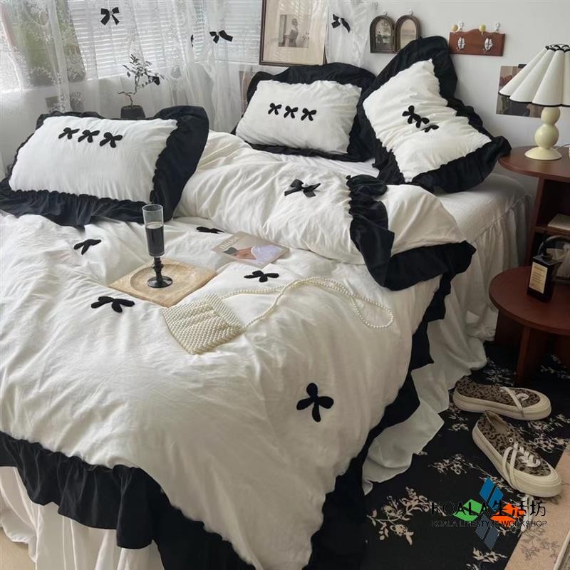 「KOALA」 花邊 蝴蝶結套組 奶茶 黑白 荷葉邊 可愛 床包 四件套 雙人床包 加大雙人 雙人床 單人床 被套 床裙