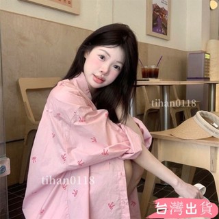 2025粉色蝴蝶結印花長袖襯衫秋季新款甜美慵懶寬鬆防曬外套上衣女藍色襯衫防曬襯衫韓系穿搭外套夏天tihan0118