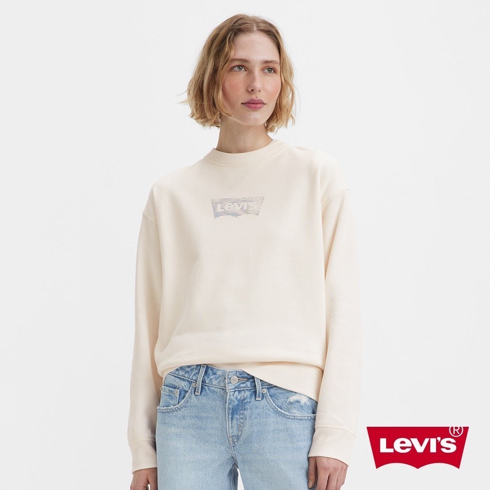 Levis 女款 寬鬆版大學T /鏡面反光Logo / 400GSM厚棉 牛奶白 熱賣單品 18686-0222