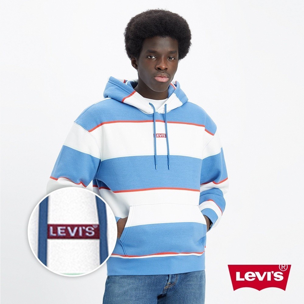 Levis 男款 寬鬆版刷毛帽T / 迷你方形徽章Logo 藍白條紋 熱賣單品 A4233-0006