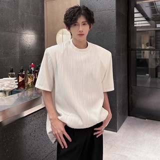 Mr.Z 半高領大尺碼短袖厚磅大學男士波浪紋短袖冰絲彈力速幹潮流外穿休閒百搭青年運動上衣網眼口袋半高領冰絲短袖潮牌美版大