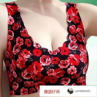 3XL大尺碼內衣 玫瑰印花 冰絲一片式內衣 無鋼圈無痕 薄款胸罩 媽媽的內衣 女生內衣 /K