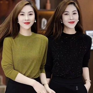 【免運24-H】燙鑽上衣女秋季新款圓領時尚洋氣減齡媽媽裝氣質長袖百搭打底衫韓國女裝設計感女裝上衣大碼女裝打底衫上衣