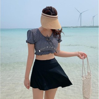 Twiggie❥日韓風保守三件式泳衣格紋分體泳衣多件式泳衣女保守型短裙式高腰泳裝學院風出國度假泡湯玩水比基尼