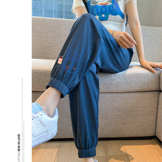 冰絲褲女 涼感防曬褲女 褲子顯瘦 高腰 夏季🔥休閒長褲冰絲運動褲女夏季薄款時尚印花寬鬆束腳休閒褲子速幹防曬燈籠褲子
