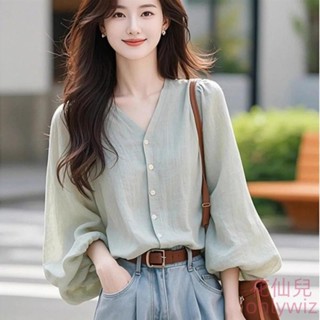 【花仙兒】法式氣質長袖襯衫女士早春新款獨特漂亮超好看V領雪紡小上衣長版襯衫 長袖長袖 t恤長袖上衣大學t長袖薄長袖女生