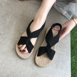 【好物分享】名族風涼鞋女士20夏季外穿草編亞麻羅馬涼鞋鬆緊帶交叉平底女鞋女涼鞋拖鞋洞洞鞋涼鞋防水