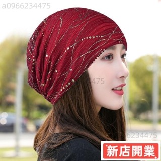 尚百搭雙層彩鑽帽子 春夏蕾絲套頭帽透氣薄款堆堆帽時尚燙金包頭帽 化療頭帽 月子帽空調帽 睡帽 光頭帽 純棉帽子 女109