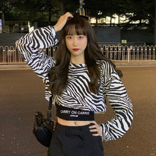『免✨運+快✨出』斑馬長袖t卹女秋季新款2025短款高腰寬鬆露臍上衣網紅ins泫雅風潮