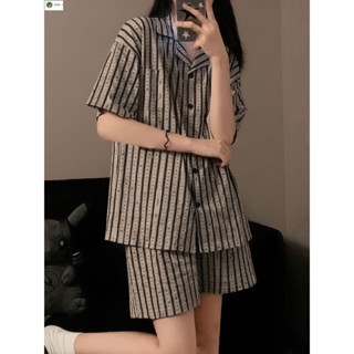🔥臺灣出貨🔥MIJIU✨ins韓系高階感簡約條紋睡衣女夏季新款短袖短褲可外穿家居服套裝