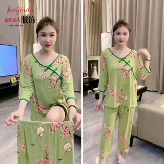 睡衣套裝女 夏天睡衣 居家服 高檔女士睡衣套裝中國風盤扣高顏值家居服女兩件套大碼睡衣可外穿
