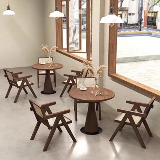 【金葉子家居】實木藤編休閒奶茶店咖啡店烘焙甜品店洽談桌椅組閤小圓桌商用簡約