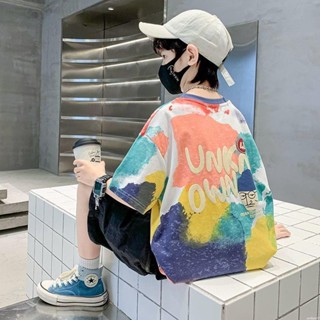 大童短袖 男童上衣 兒童衣服 純棉T恤 短袖上衣 渲染上衣 時尚夏裝 中大童五分袖 2025夏季新款 男孩百搭T恤H3