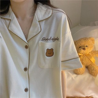 ❤Rich招財進寶日系ins新款睡衣女夏季小熊寬松簡約薄款短袖短褲兩件家居服套裝