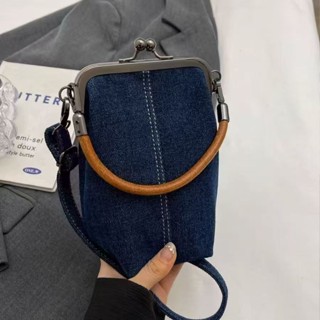牛仔藍文藝風包包 牛仔布手機斜挎包新款文藝手提包百搭通懃手工女包手機包純色時尚氣質斜挎包 輕便大容量包包 休閑通勤斜揹包