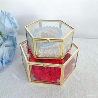 銅條六邊形玻璃盒翻蓋六角透明永生花盒珠寶首飾收納盒展示盒銅金色玻璃六角戒指盒消磁盒