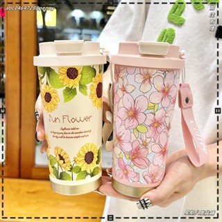 ★星期八雜貨鋪★500ml創意花朵不銹鋼316保溫瓶帶吸管防漏咖啡茶冷飲汽車保溫瓶不倒翁