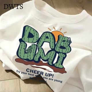 臺灣出貨[DWTS]100%純棉白色日系古著綠字母印花短袖t恤男女夏季潮流寬松ins上衣男女衕款 親膚舒適 圓領T恤 寬