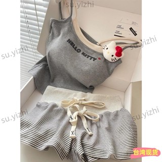 全網低價🌸🎀夏季上新🎀字母印花hellokitty假兩件吊帶睡衣女夏季帶胸墊條紋短褲上衣套裝