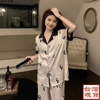 【超讚CP0524】【店鋪熱銷】熊貓頭卡通印花冰絲睡衣女新款夏季ins風韓版短袖長褲家居服套裝