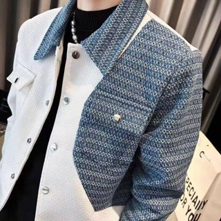 【XIU】☻外套男 拼接外套男秋新款韓版痞帥百搭翻領夾克潮牌設計感秋冬外褂上衣12