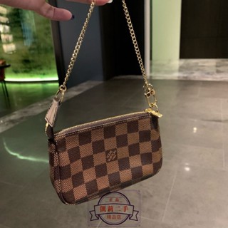 【凱莉精品】Lν 咖啡 棋盤格 Mini 迷你 拉鍊 金練 萬用包 小麻將包 N58009 現貨+免運