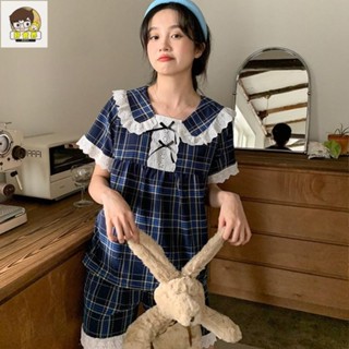 好食界 大尺碼韓版睡衣大碼家居服清新甜美兩件套日系可愛韓國睡衣日係娃娃領夏季短袖睡衣女士花邊格子可愛少女學生寬鬆套裝