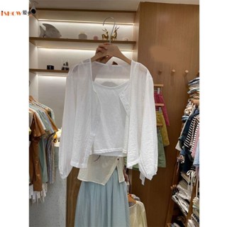 女雪紡衫 雪紡衫女 女襯衫 女生襯衫 時尚洋氣夏季凈色圓領單排扣防曬衣設計感小眾外穿溫柔風長袖上衣