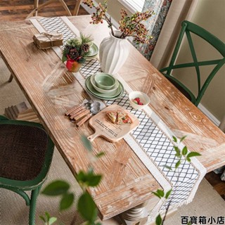 可訂製 棉麻桌布 長桌布 簡約桌旗 美式鄉村風長桌旗 菱形桌巾 桌墊 撞色黑棉線編織流蘇桌布 節日桌布