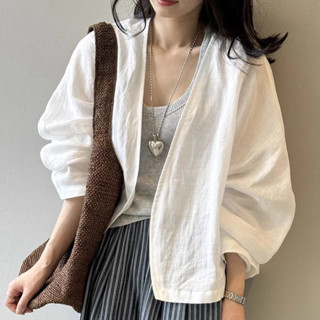 百搭襯衫 顯瘦上衣 休閒上衣 上班襯衫 女生襯衫 時尚襯衫複古棉感白色襯衫外套女夏季文藝長袖開衫上衣設計薄款寬鬆防曬衫