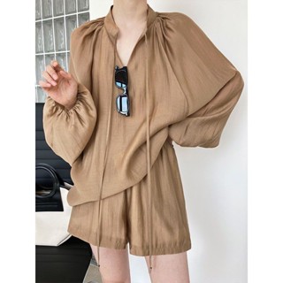 【小雲雀】休閒防曬套裝 女生薄款上衣短褲套裝 夏季新款燈籠袖上衣 法式時尚兩件式套裝 短褲套裝 防嗮衣 休閒套裝居家服
