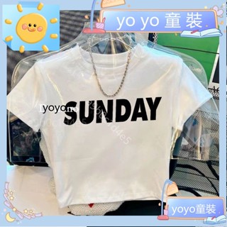 yoyo童裝✨女童新款夏季T恤短版兒童露肚臍短袖緊身顯瘦百搭中大童上衣2563