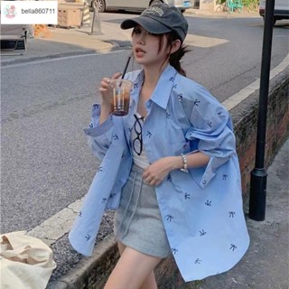 🔥臺灣出貨🔥TiTi💕【3035人收藏】蝴蝶結印花長袖襯衫女秋季新款polo領寬松中長款小眾防曬開衫外套