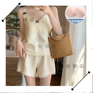 精品服飾*法式吊帶睡衣女帶胸墊蝴蝶結蕾絲公主風夏季雲朵棉防凸點家居服新 Q/Y
