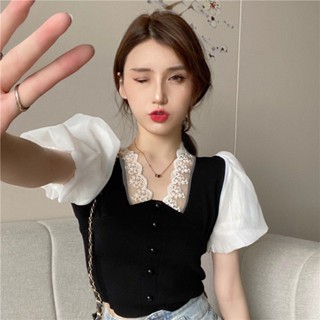 【ZFX闆娘自留】❥ 網紅性感 蕾絲拼接花邊 薄款針織上衣高腰短款 露臍短袖t恤女ins超火