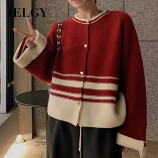 IELGY 韓版撞色針織毛衣女寬鬆修身單排扣短外套
