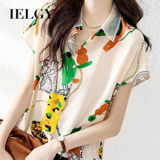 IELGY 短袖襯衫女抽像印花時尚氣質翻領拼接設計上衣