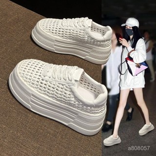 💖暖心精品百貨【臺灣出貨】編織鏤空透氣真皮小白鞋女2025夏季新款小個子厚底增高7cm休閒鞋