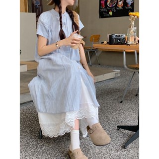 💛限時下殺💛藍色條紋短袖襯衫連衣裙 女夏季2025新款韓係寬鬆中長款疊穿兩件套 孕媽媽套裝 大媽女裝 夏季套裝 洋裝